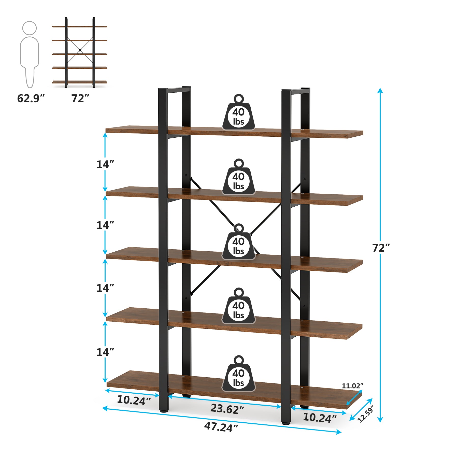 5-Tier Bookshelf Industrial Bookcase